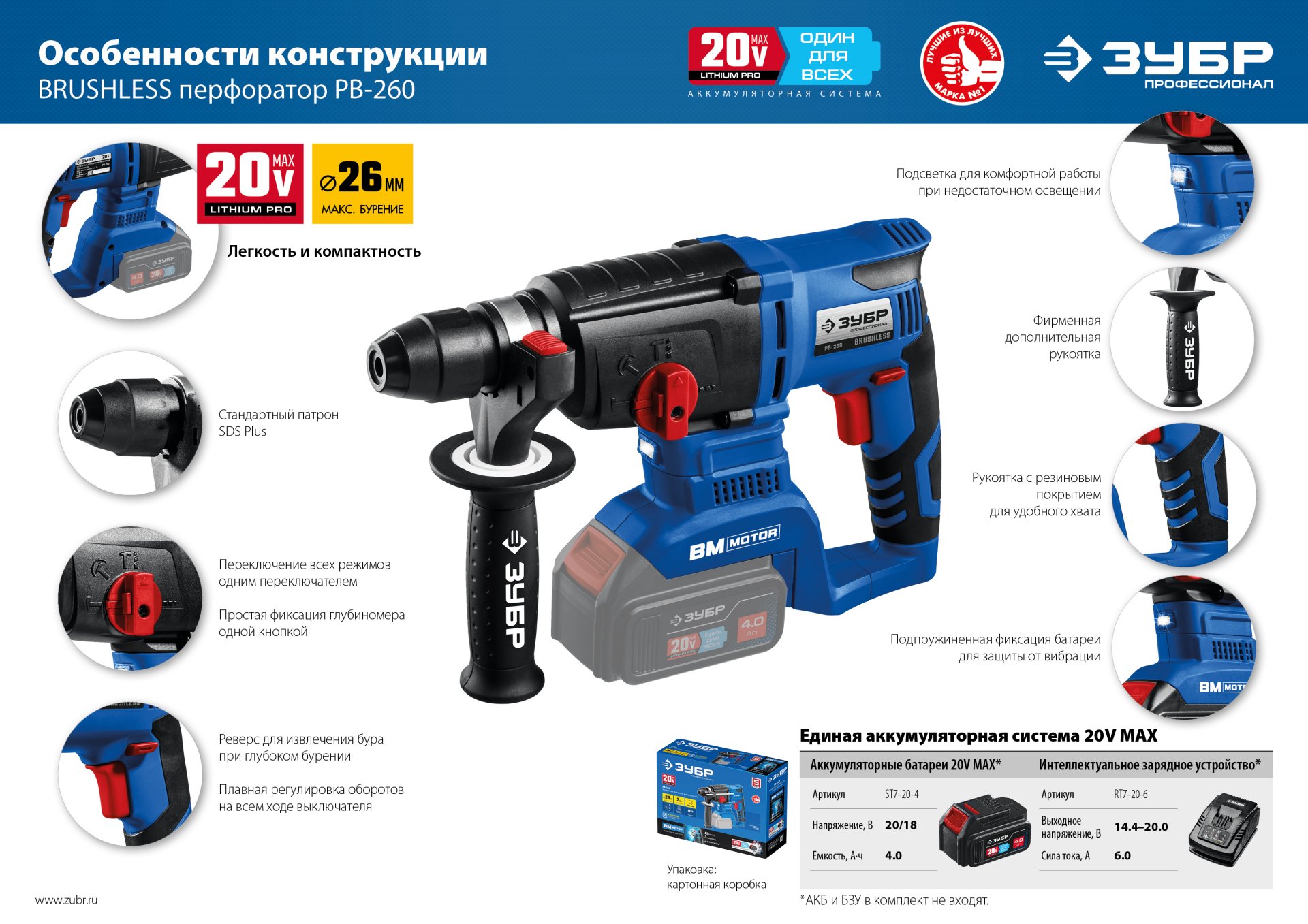 ЗУБР Т7, 20 В, 26 мм, без АКБ, бесщеточный перфоратор, Профессионал (PB-260) — фото 17