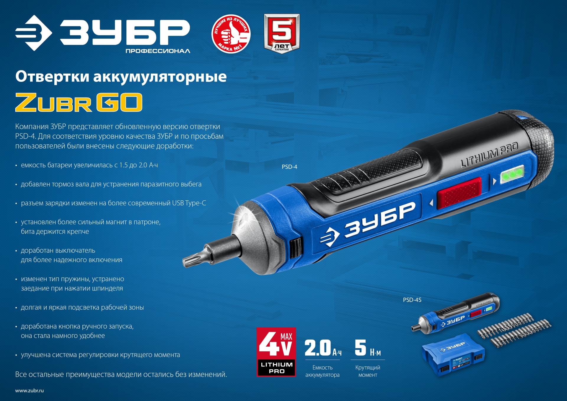ЗУБР ZUBR GO 4 Vmax, аккумуляторная отвертка, кейс, 33 биты, Профессионал (PSD-4S) — фото 14
