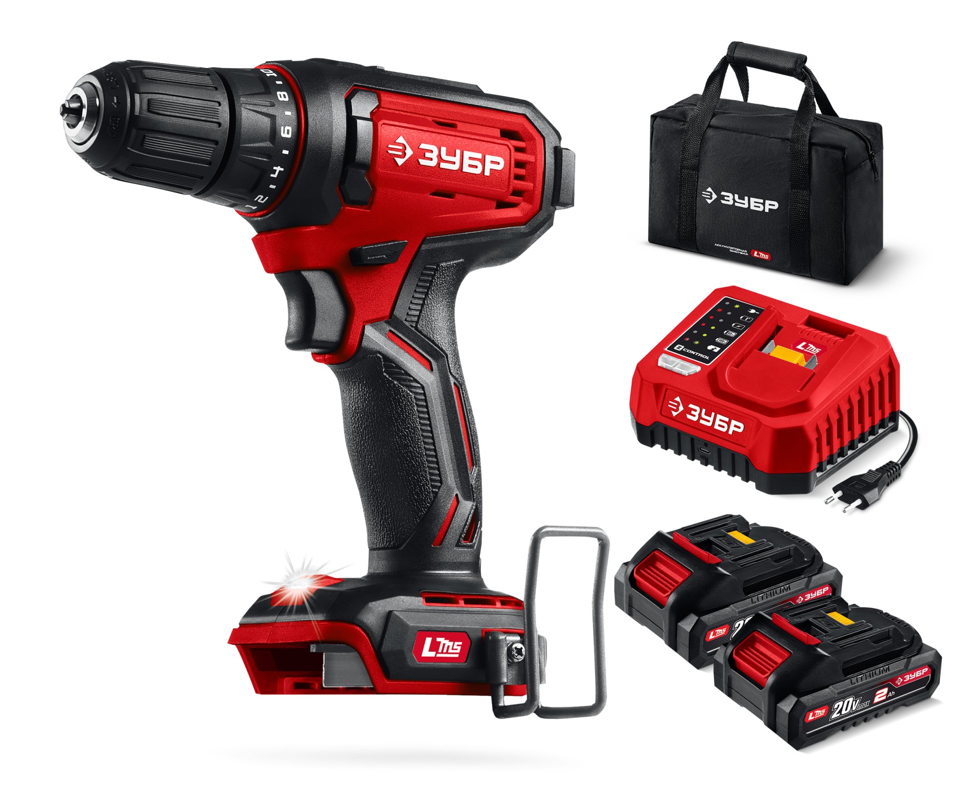 ЗУБР 20 В, 40 Н·м, 2 АКБ LMS (2 А·ч), дрель-шуруповерт, сумка (ДШ-40-22)