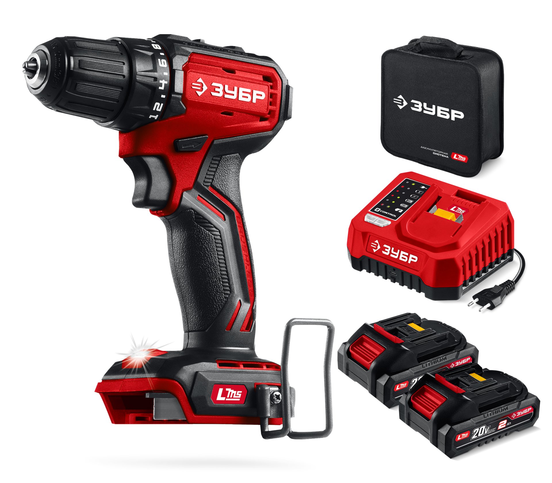 ЗУБР 20 В, 45 Н·м, 2 АКБ LMS (2 А·ч), бесщеточная дрель-шуруповерт, сумка (ДБ-45-22)