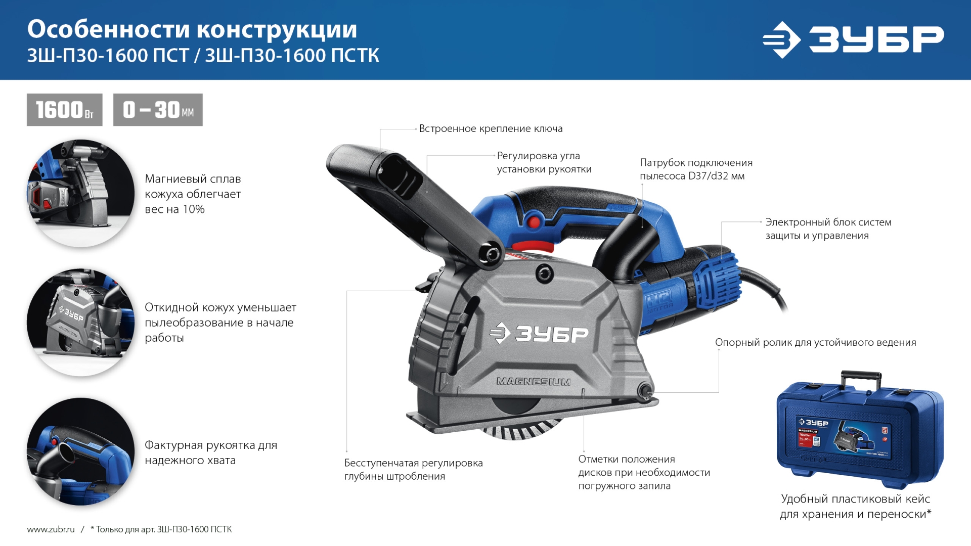 ЗУБР d 125 мм, 1600 Вт, 30 мм, штроборез (бороздодел), Профессионал (ЗШ-П30-1600 ПСТ) — фото 16