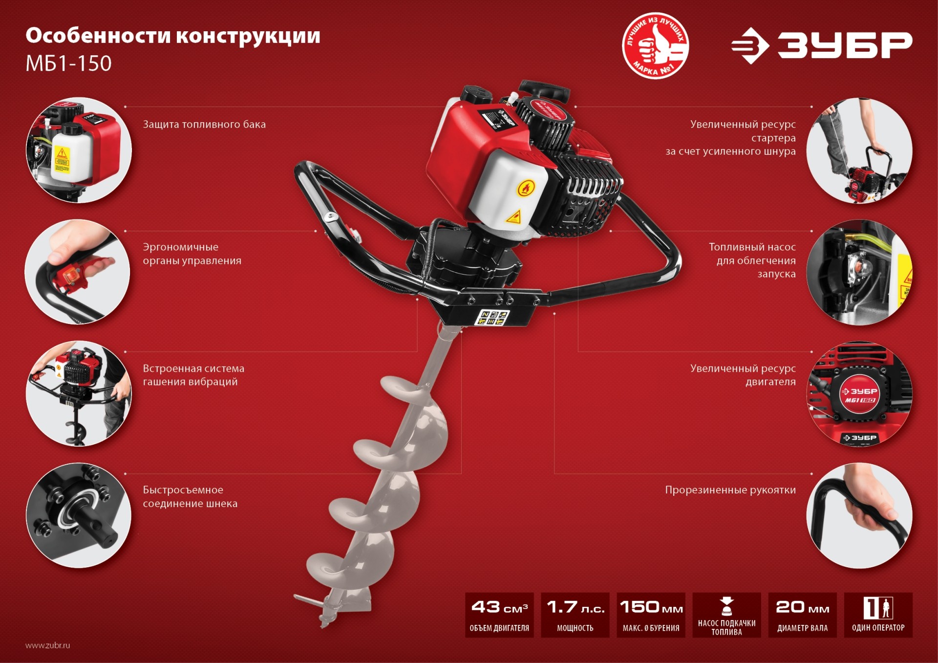 ЗУБР d 60 - 150 мм, 43 см3, 1 оператор, мотобур (бензобур) (МБ1-150) — фото 15