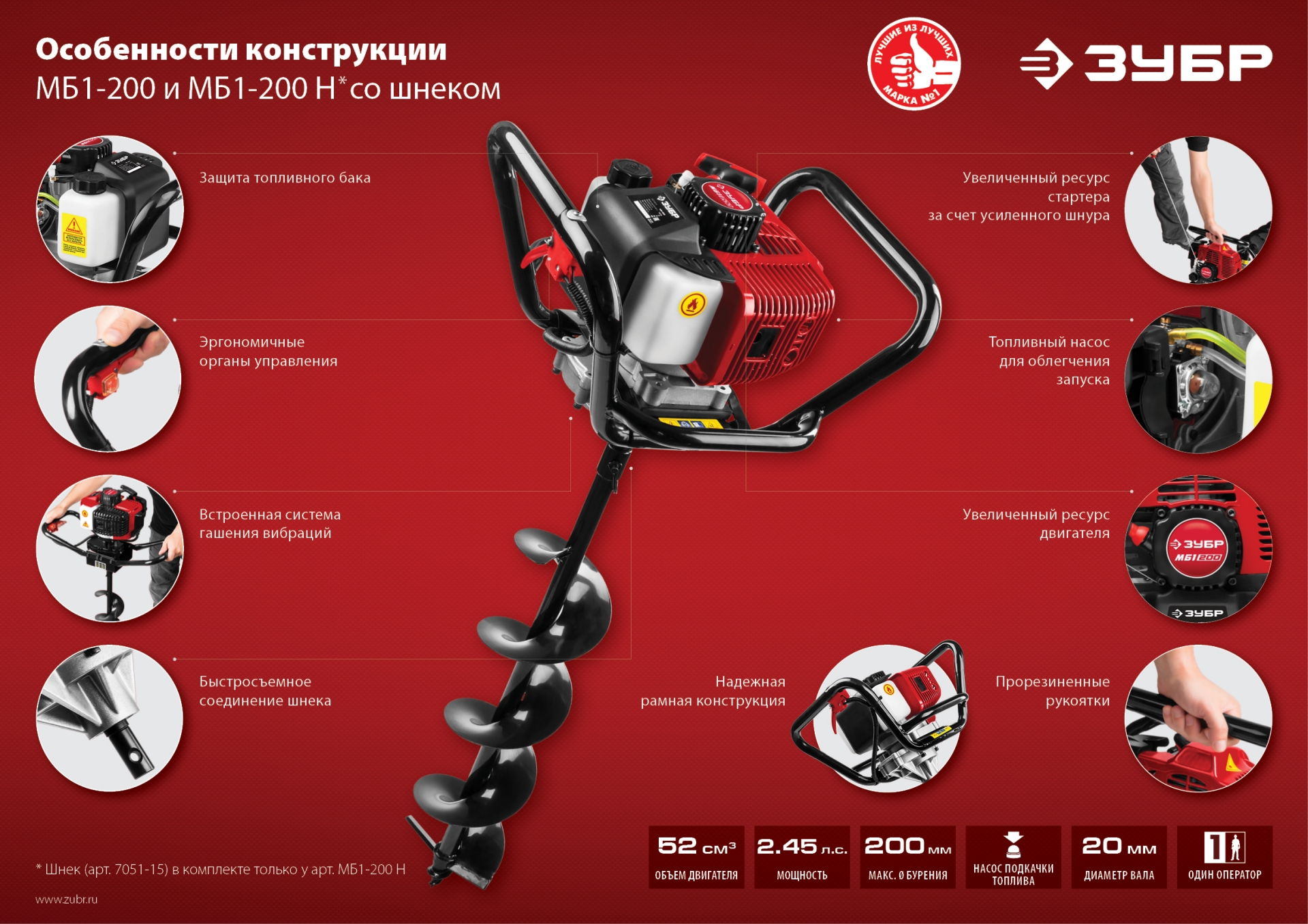 ЗУБР d 60 - 200 мм, 52 см3, 1 оператор, шнек в комплекте, мотобур (бензобур) (МБ1-200 Н) — фото 15