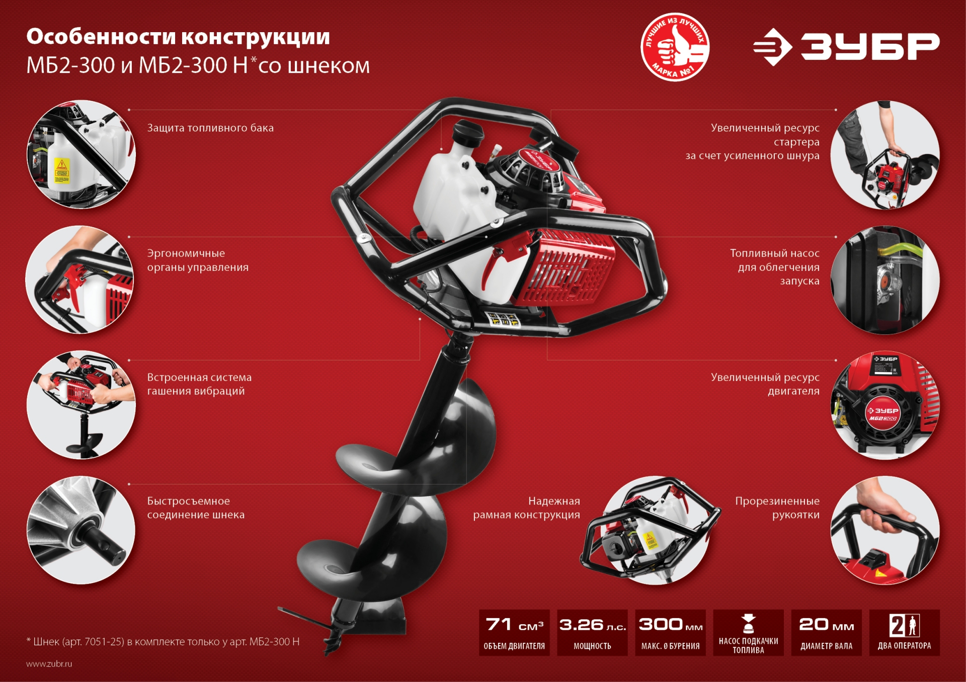 ЗУБР d 60 - 300 мм, 71 см3, 2 оператора, мотобур (бензобур) (МБ2-300) — фото 15