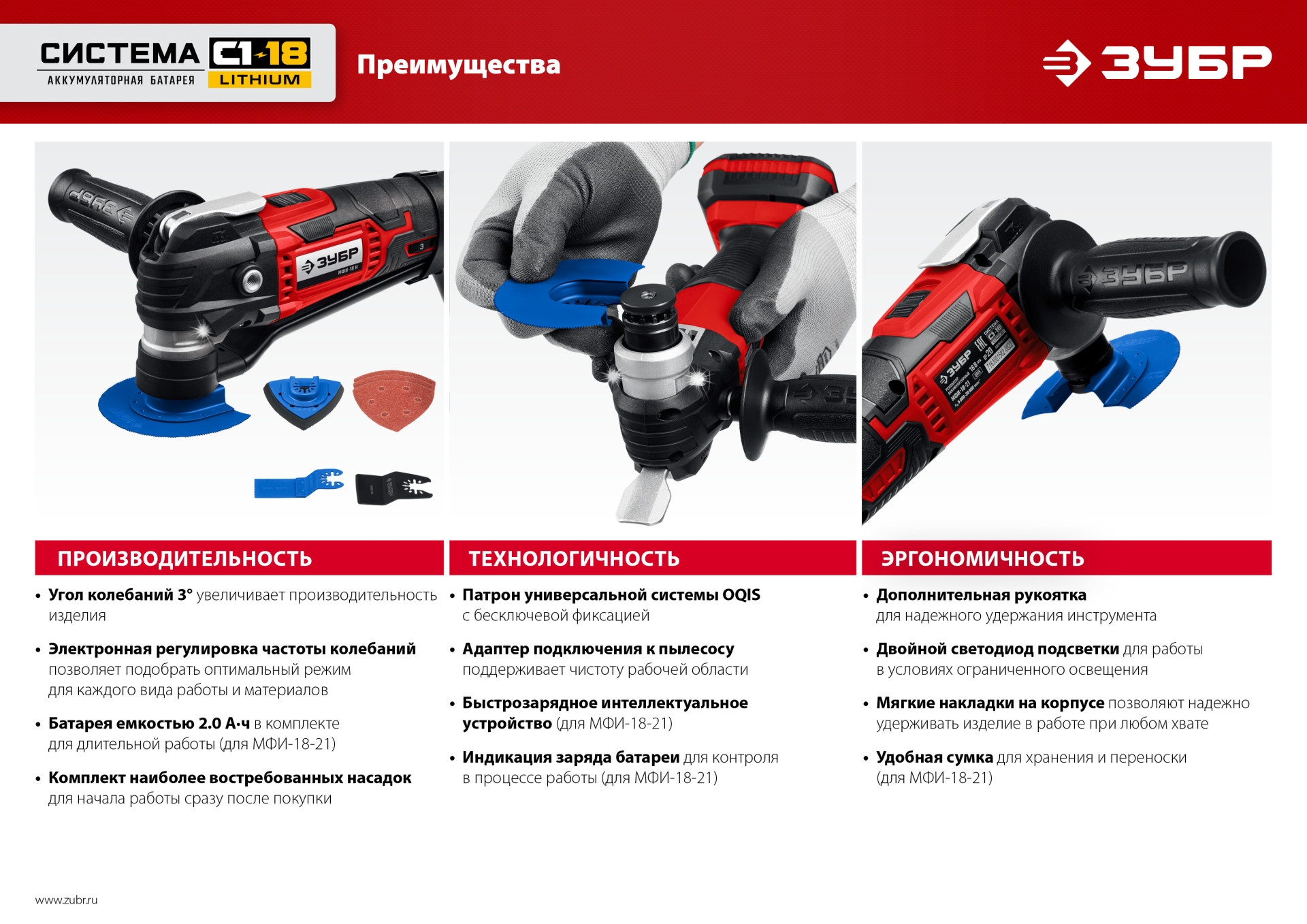 ЗУБР C1-18, 18 В, OQIS, АКБ (2 А·ч), реноватор, сумка, набор насадок (МФИ-18-21) — фото 15