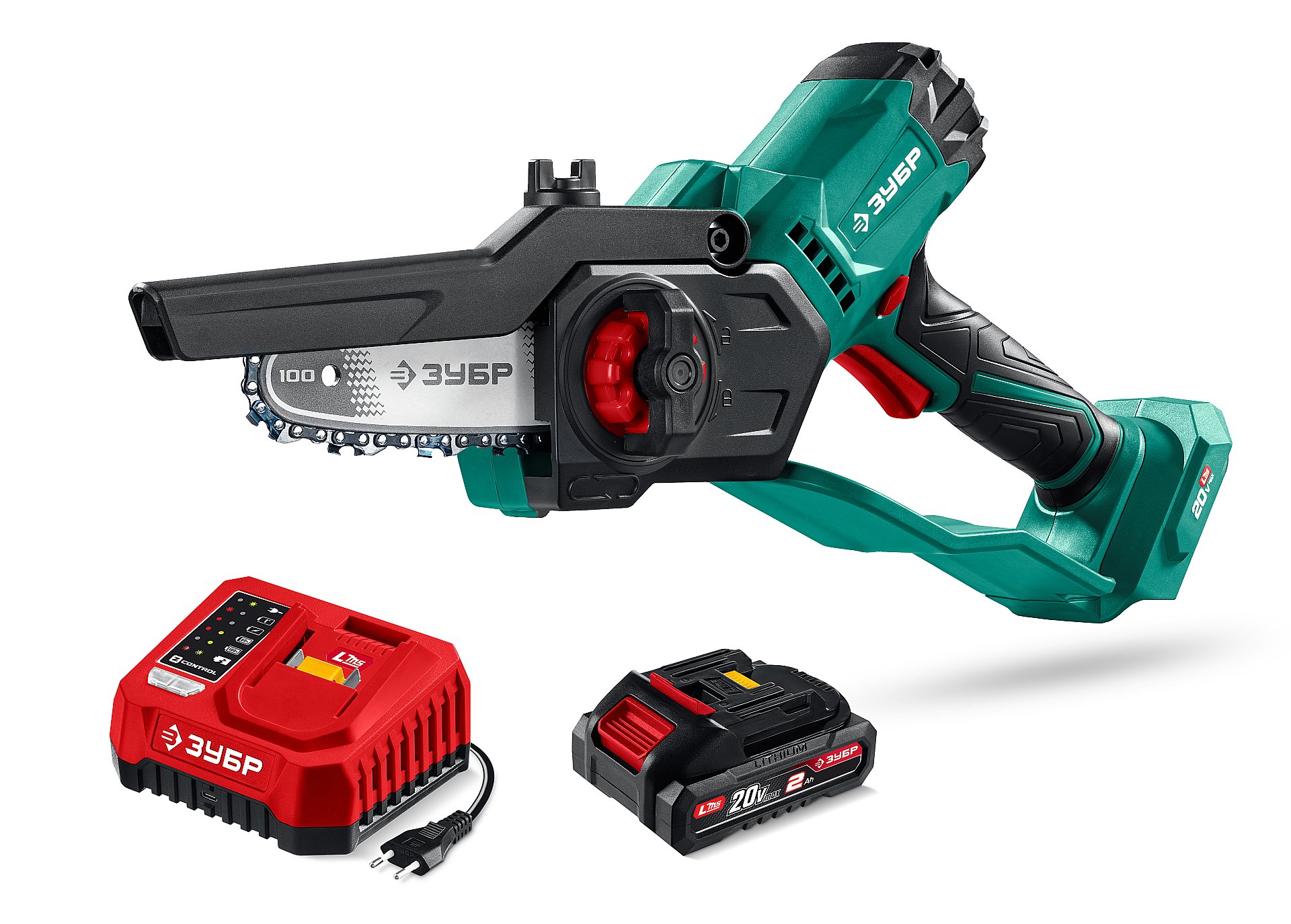 ЗУБР 20 В, 100 мм шина, 1 АКБ LMS (2 Ач), мини-пила цепная аккумуляторная (ПЦА-2010-21)