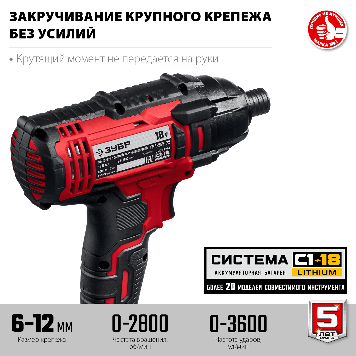 ЗУБР С1-18, 18 В, 250 Н·м, 2 АКБ (2 А·ч), винтоверт ударный, кейс (ГВЛ-255-22) — фото 5