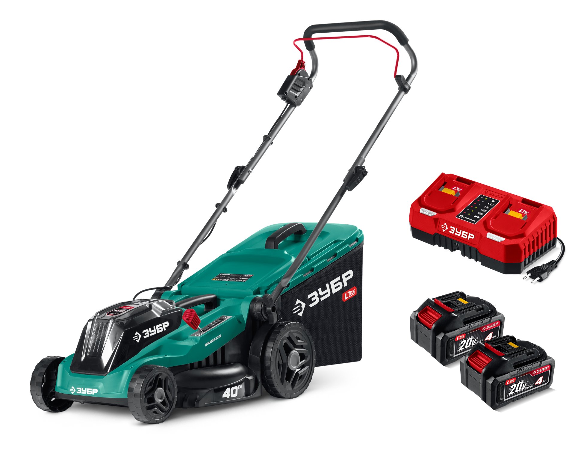ЗУБР 40 В, (2x20В), 400 мм шина, 2 АКБ LMS (4 Ач), пила цепная аккумуляторная (ПЦБ-4040-42)