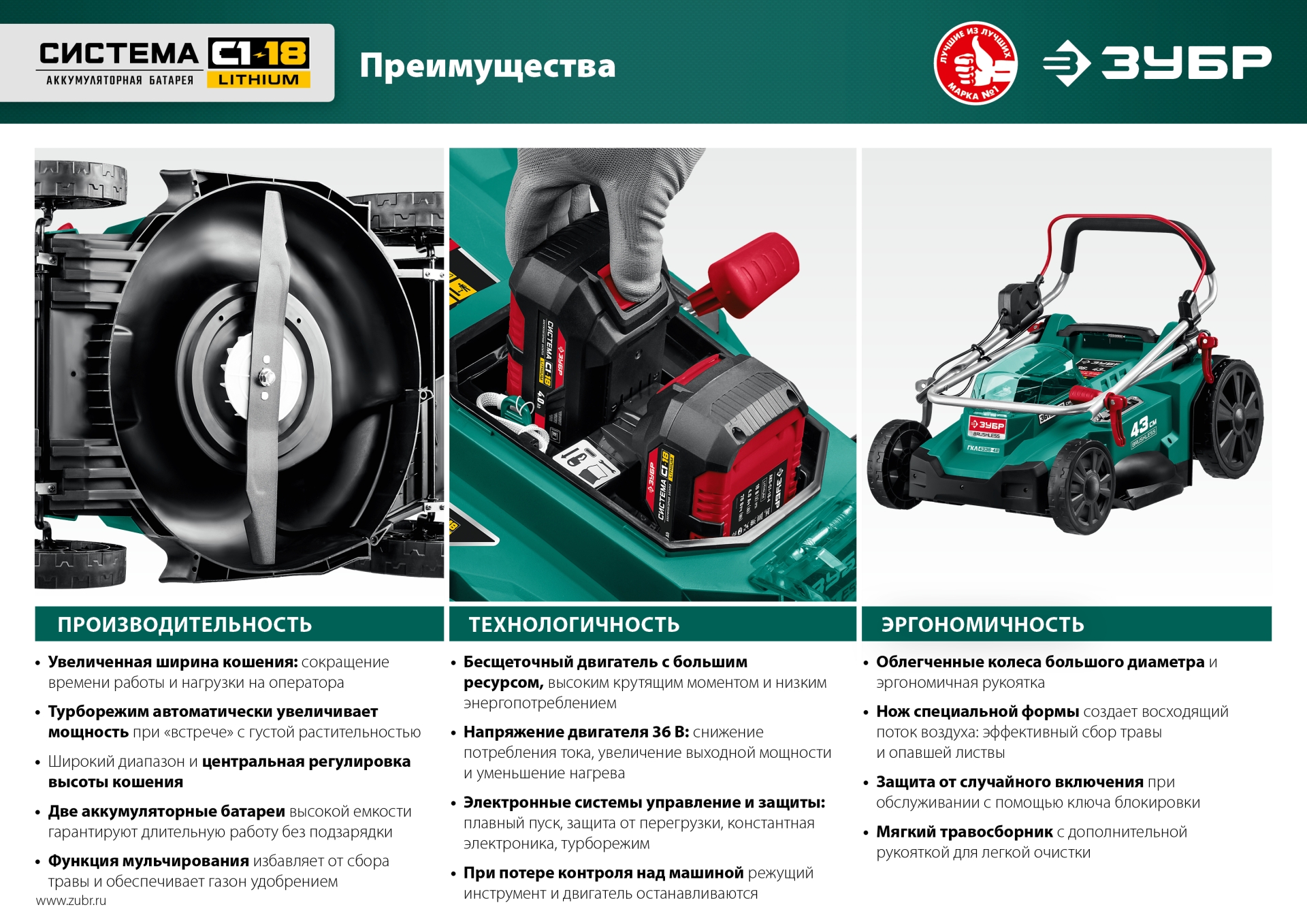 ЗУБР С1-18, 36 В, 43 см, без АКБ, бесщеточная газонокосилка (ГКЛ-4336) — фото 18
