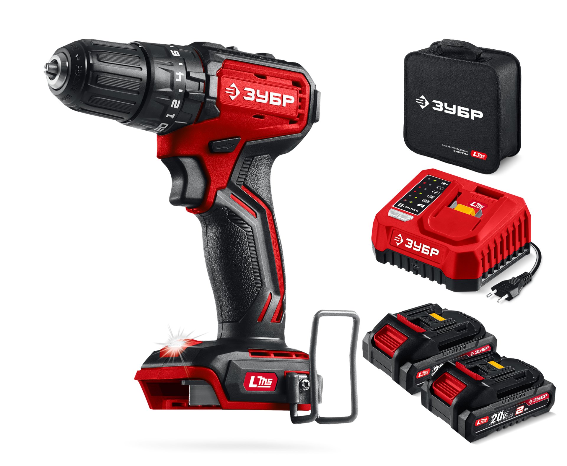ЗУБР 20 В, 45 Н·м, 2 АКБ LMS (2 А·ч), бесщеточная ударная дрель-шуруповерт, сумка (ДБУ-45-22)