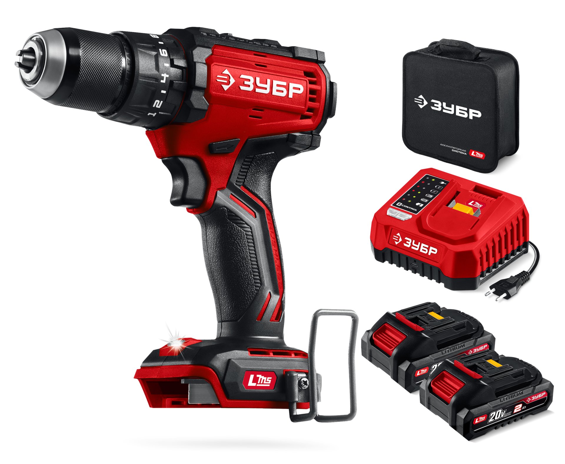 ЗУБР 20 В, 65 Н·м, 2 АКБ LMS (2 А·ч), бесщеточная ударная дрель-шуруповерт, сумка (ДБУ-65-22)