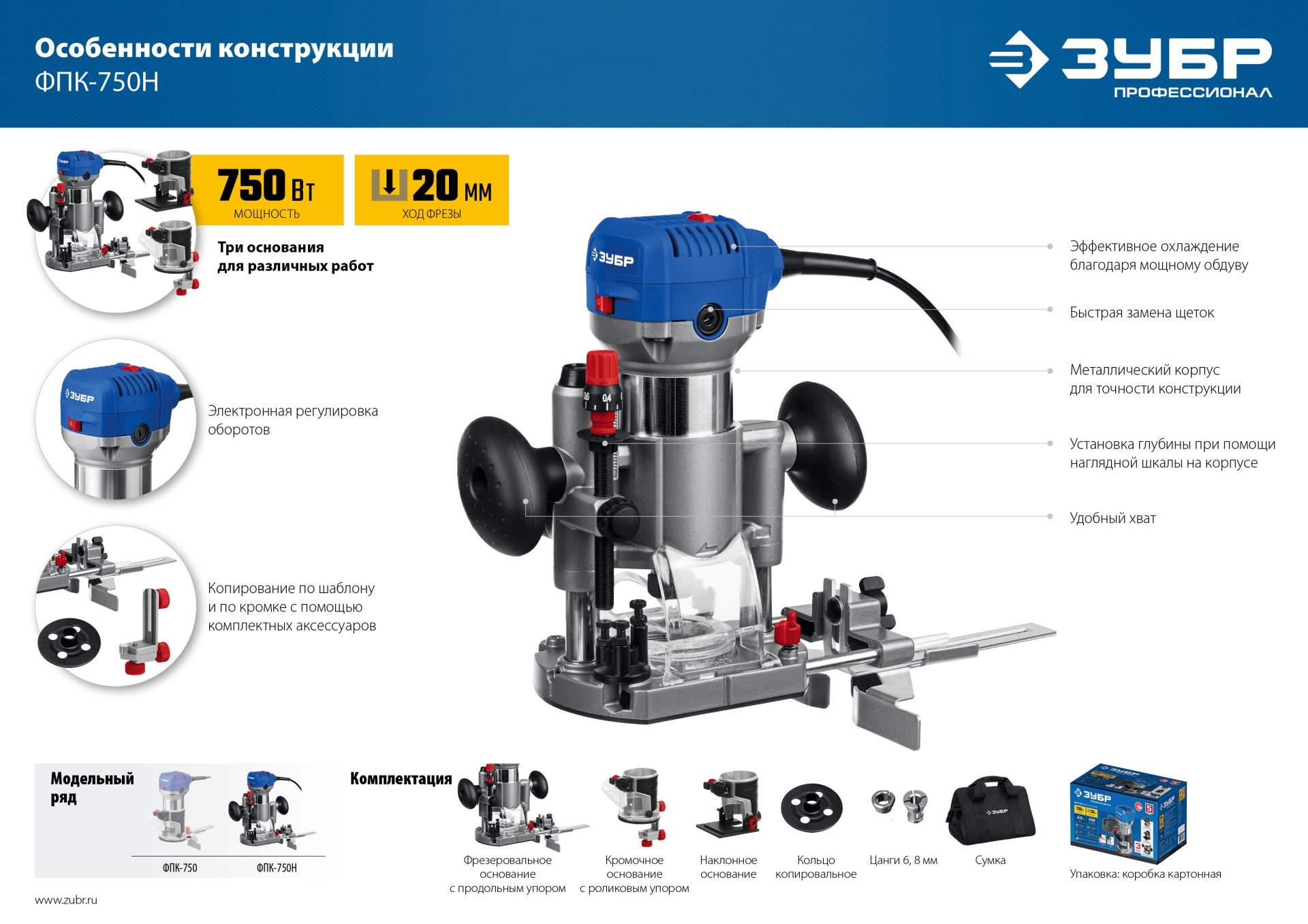 ЗУБР 750 Вт, кромочный фрезер, сумка, 3 основания, Профессионал (ФПК-750Н) — фото 16